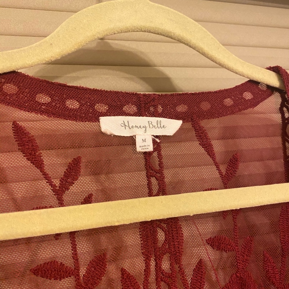 Honey Belle Burgundy Lace Kimono Medium Sheer Floral Boho Layering Top - Picture 3 of 5
